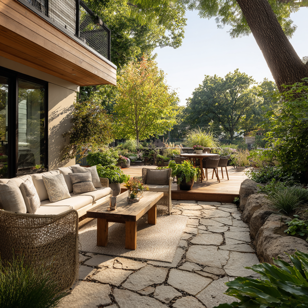 Outdoor patio with stone path, seating area, and dining table surrounded by lush greenery.