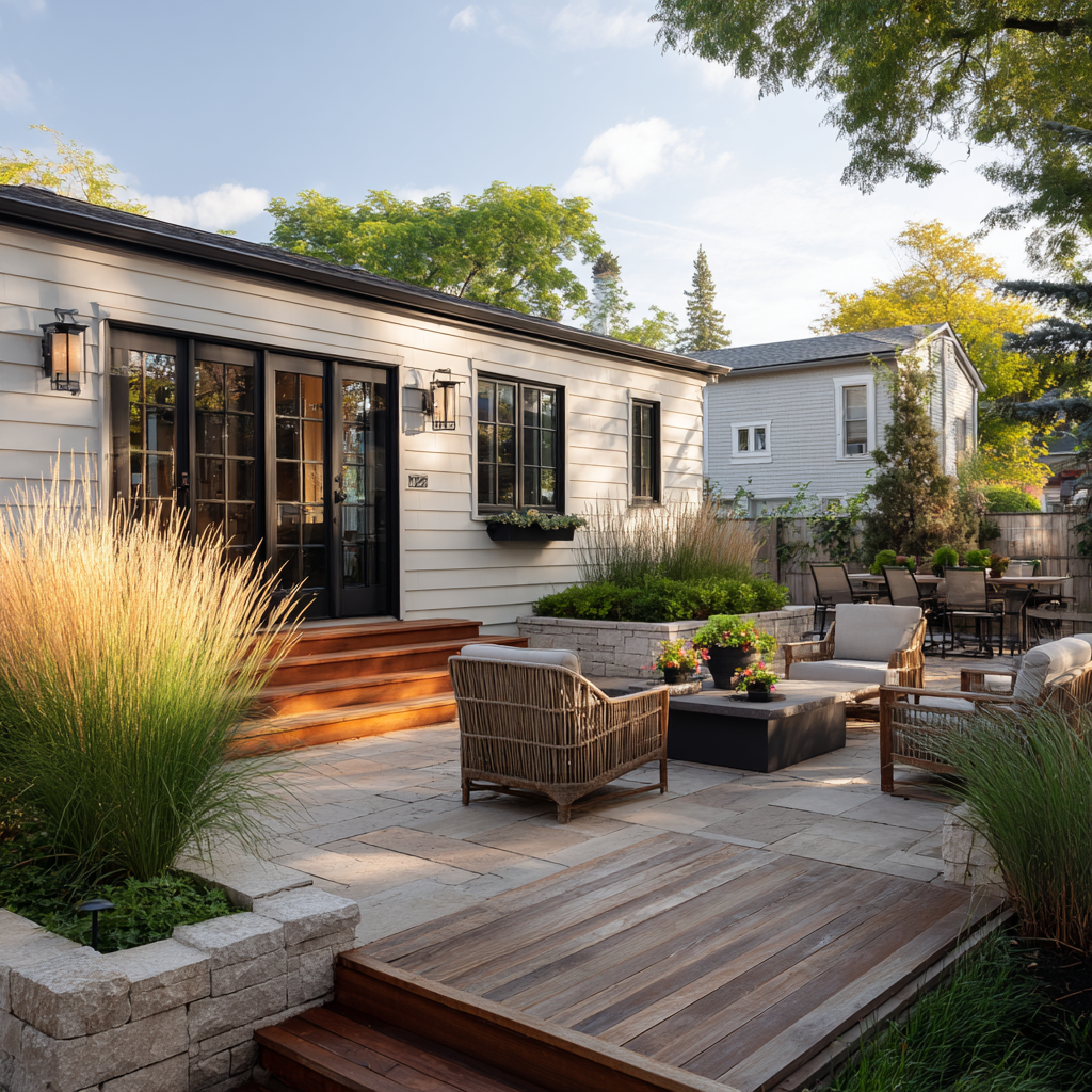 Outdoor patio with seating, fire pit, and building with black trim, surrounded by landscaping.