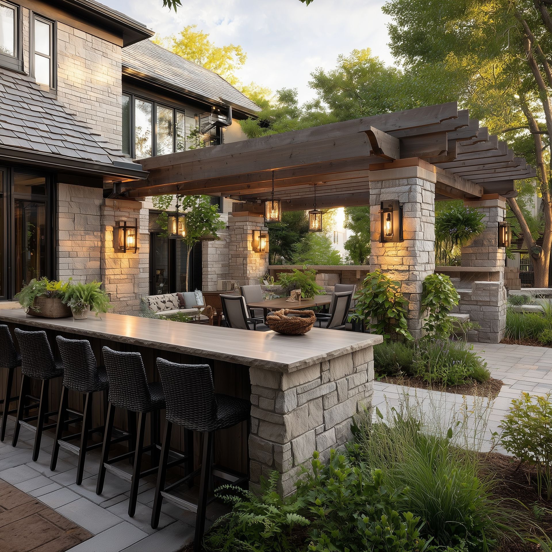 Outdoor patio with stone bar, dining area under a pergola, and lush landscaping.