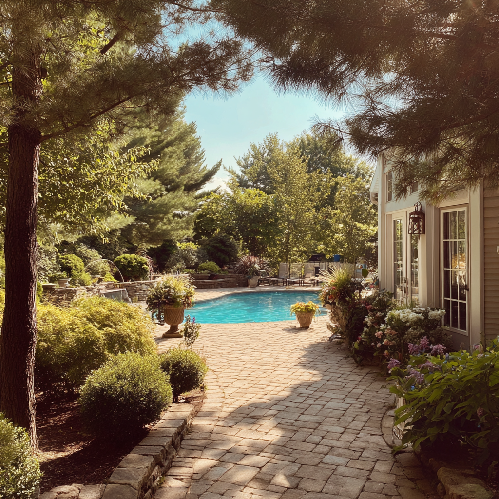 Brick pathway leads to a swimming pool surrounded by greenery and a house with windows on a sunny day.