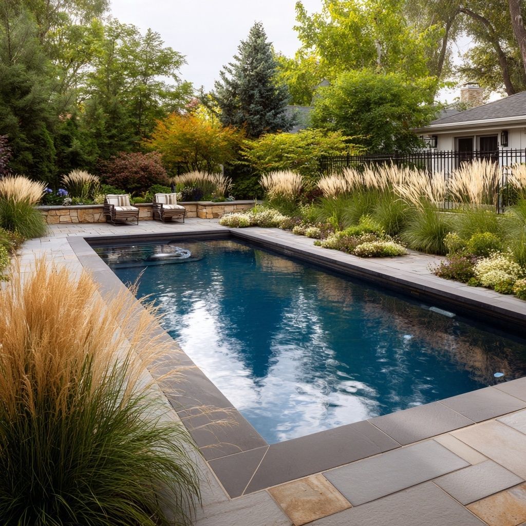 Rectangular pool in a backyard surrounded by landscaping, plants, and trees. Two chairs sit near a stone wall.