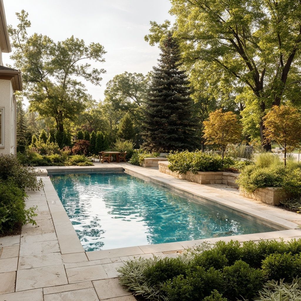 Rectangular outdoor pool surrounded by stone patio, lush greenery, and trees.