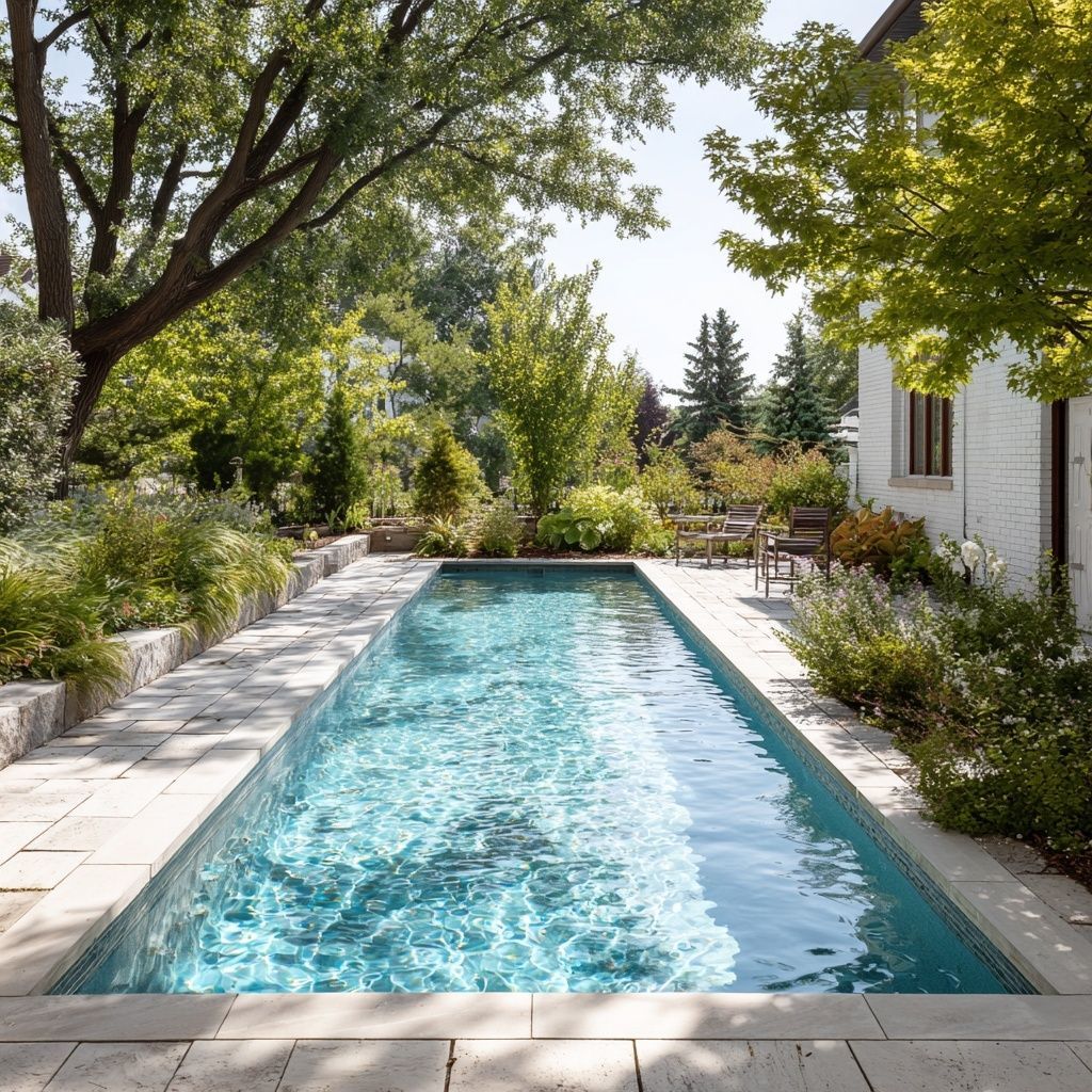 Long, rectangular pool in a sunny backyard surrounded by greenery and a brick-walled house.