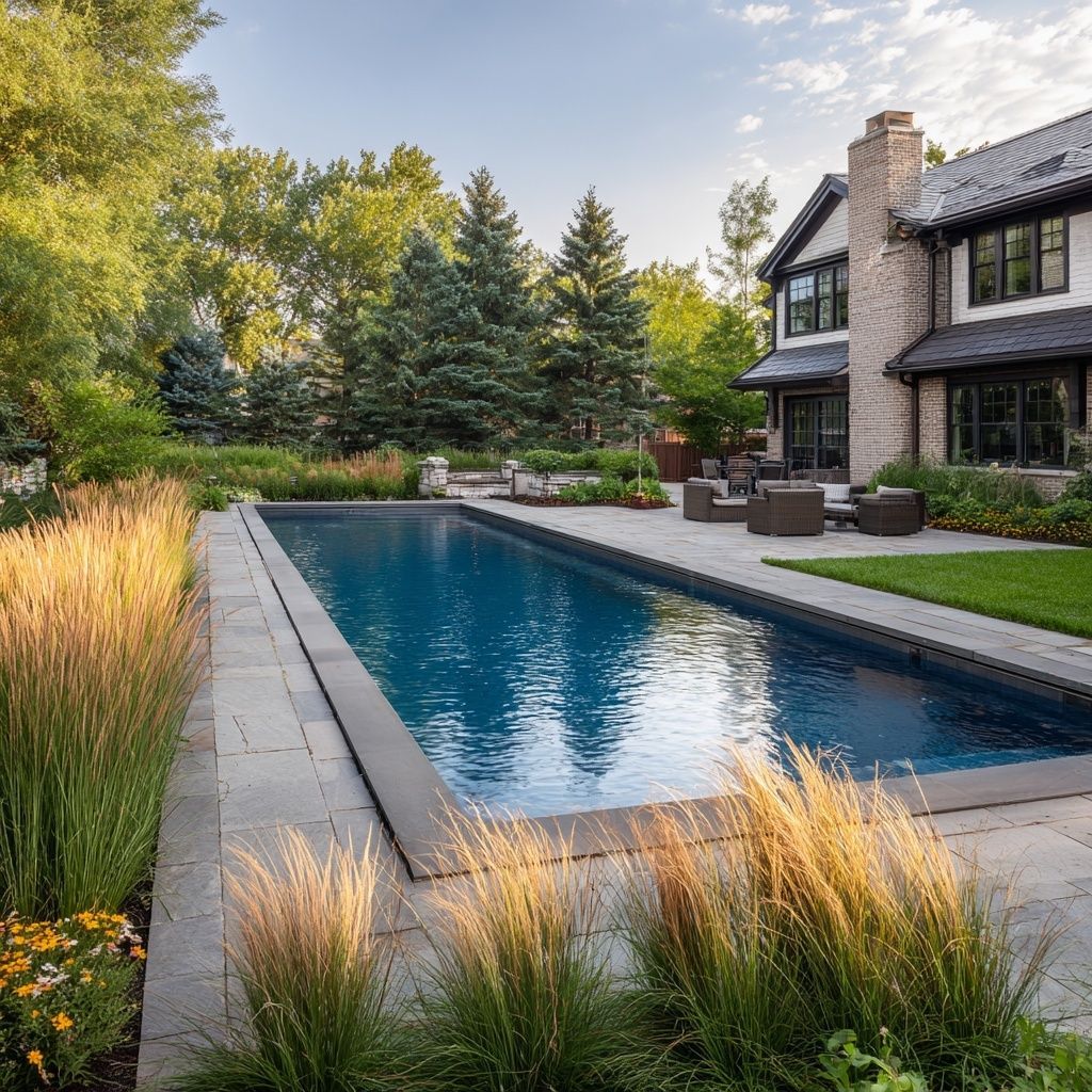 Rectangular pool next to a house with a stone patio and tall grass.