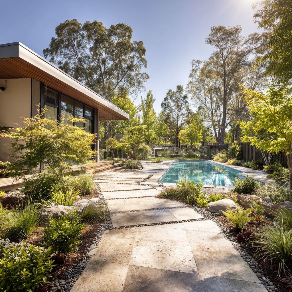 Backyard with a pool, stone path, lush landscaping, and modern home on a sunny day.