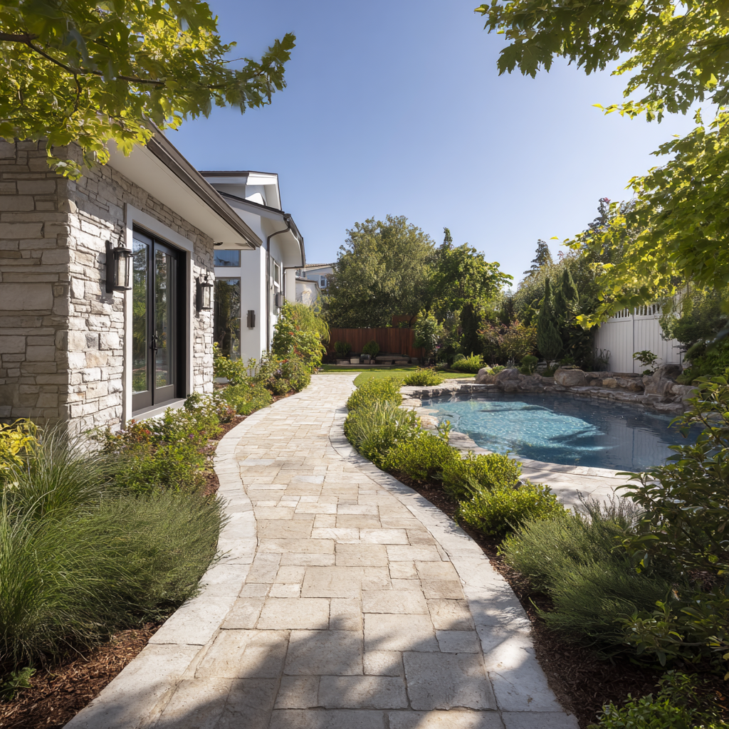 Stone walkway leads to pool in landscaped yard beside a house with a stone facade.