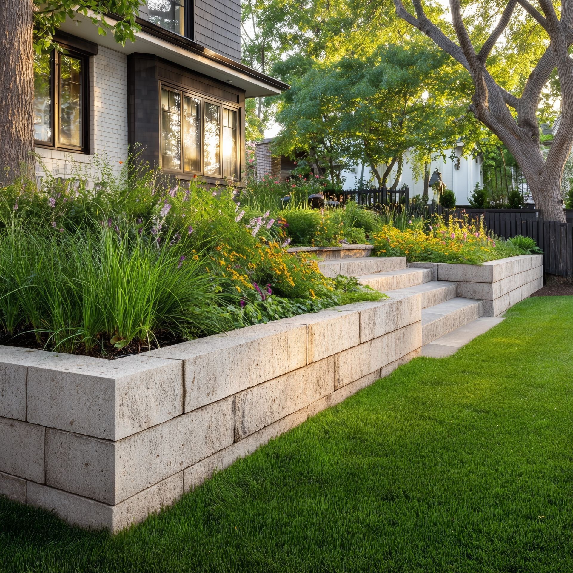 nice looking stone retaining wall with garden behind it