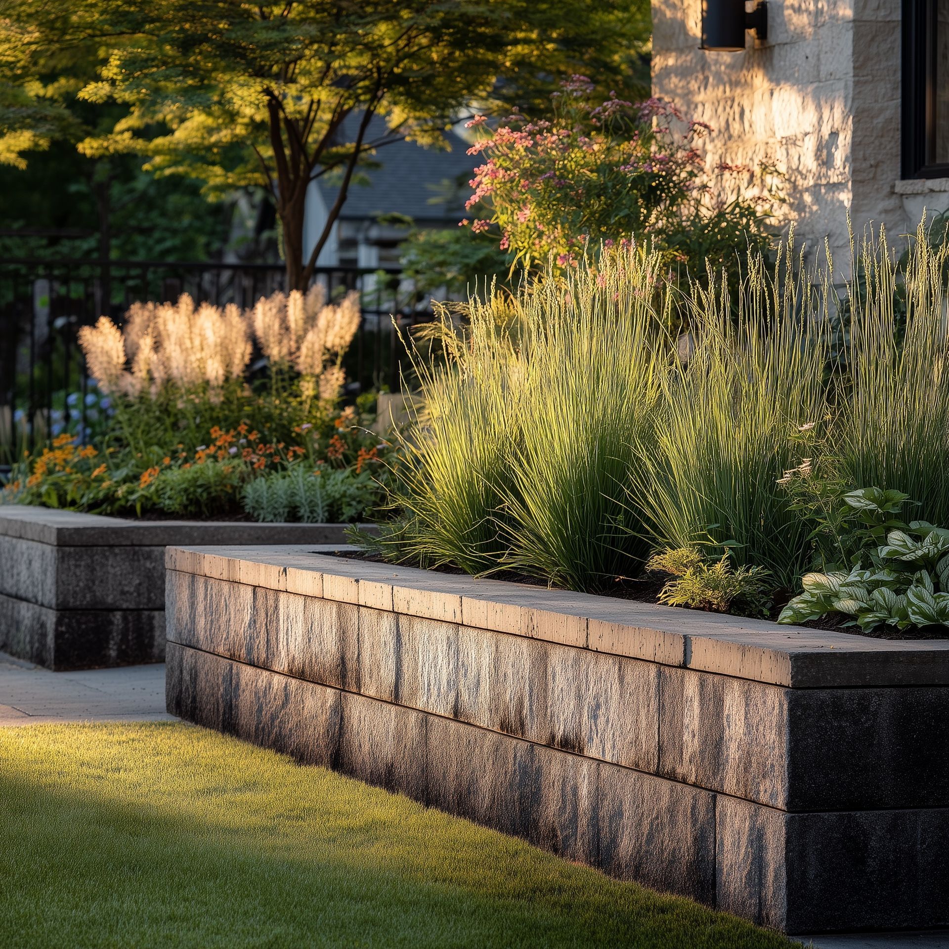 Stone planters filled with greenery illuminated by sunlight. Lawn and building in background.