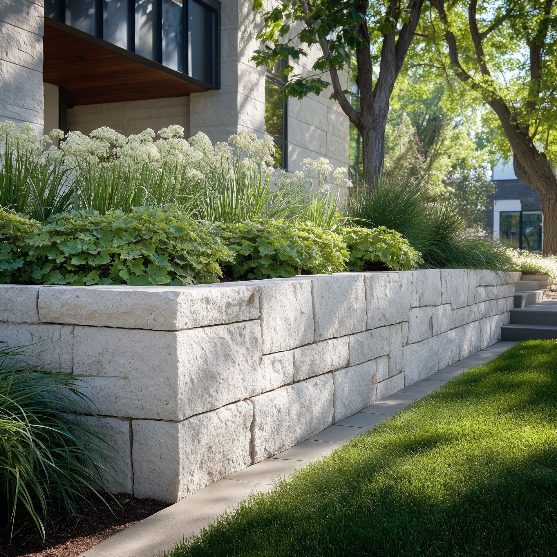 Limestone retaining wall with lush landscaping, grass lawn, and modern home.
