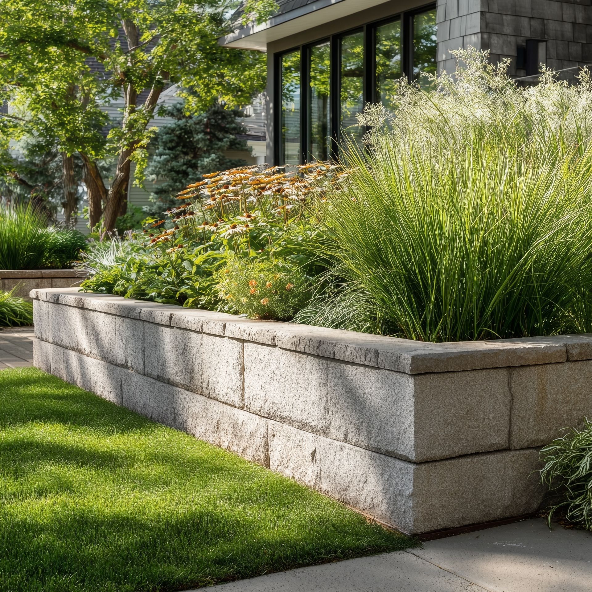 Stone retaining wall with a lush garden, grass lawn, and modern house in the background.