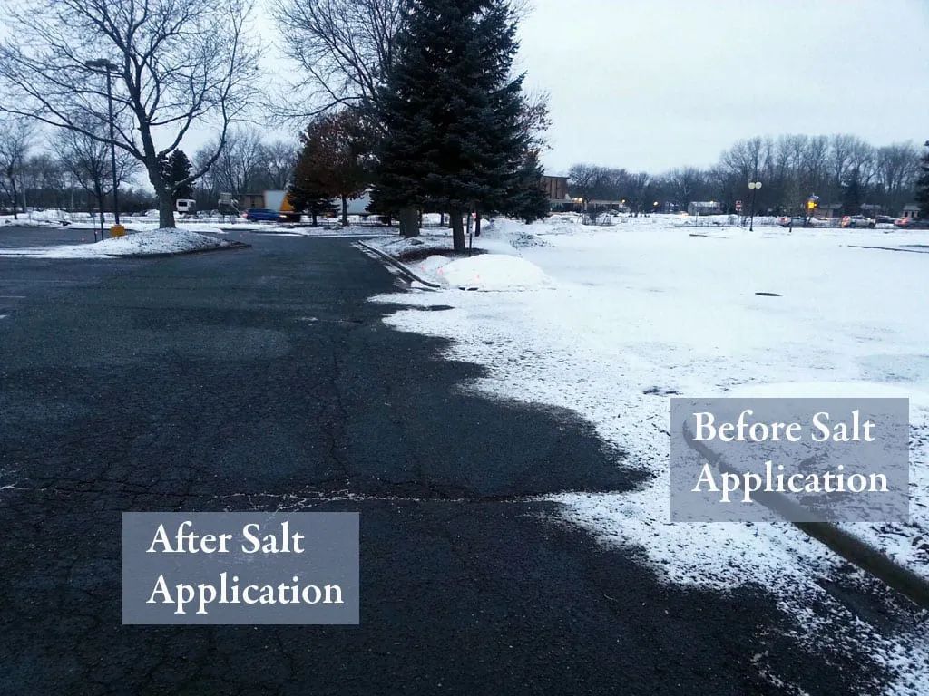 Snow-covered area partially melted after salt application on asphalt. Comparison of before and after effects.