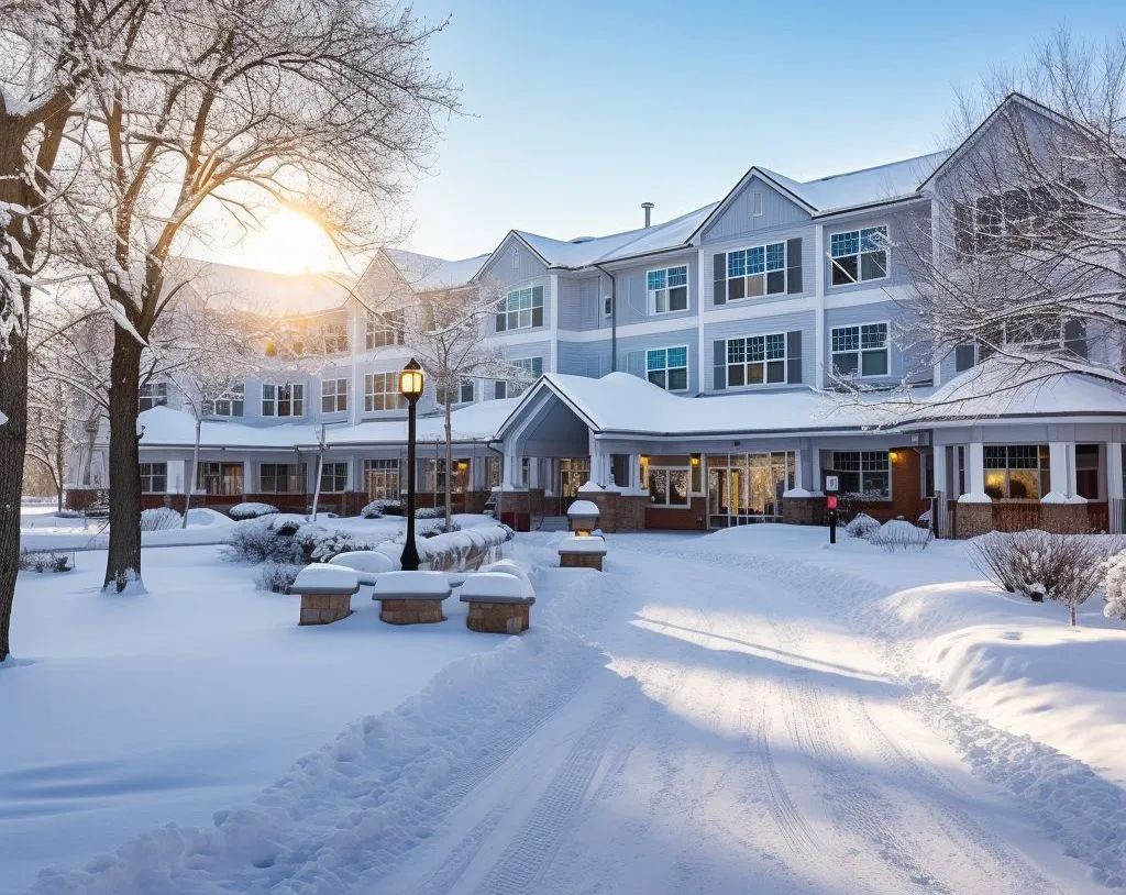 A snowy, sunlit exterior of a multistory gray building with a paved driveway and trees in winter.