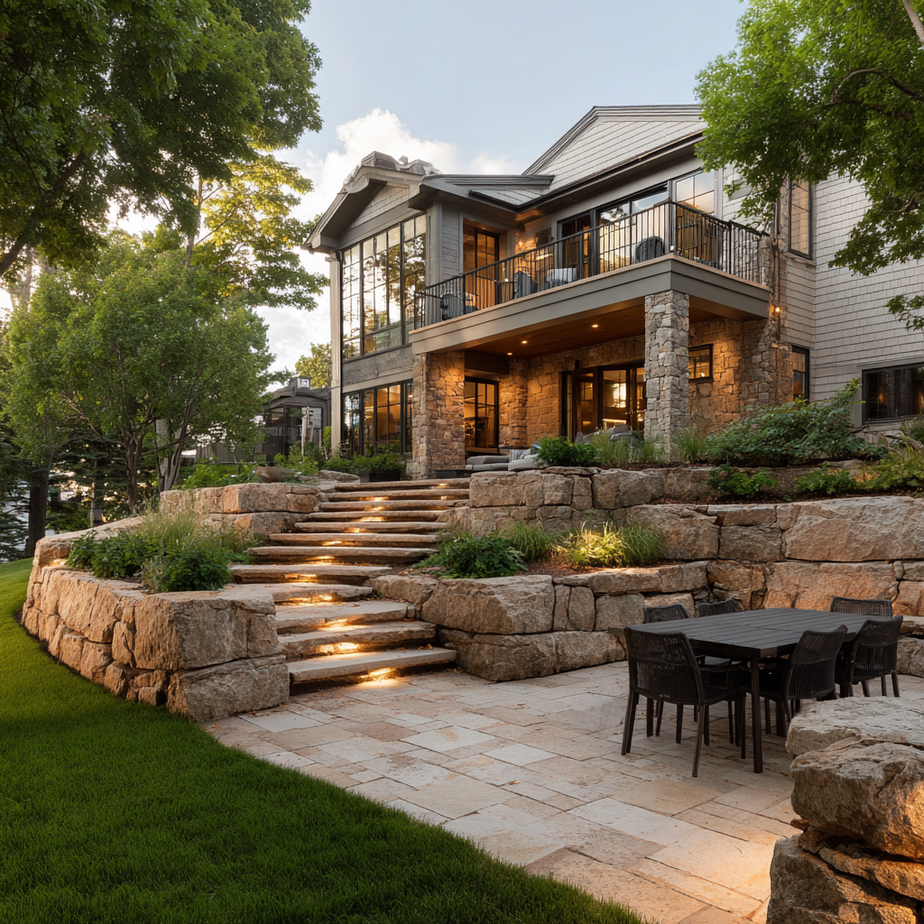 Stone tiered patio with steps leading to a house, outdoor dining set, green grass, and trees.