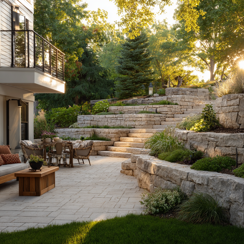 Stone patio and terraced landscaping with stairs leading to greenery; sunlight.