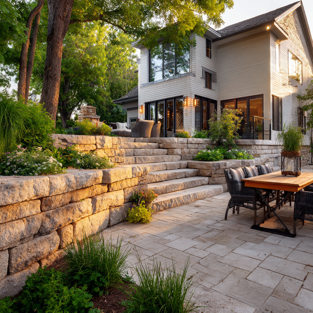 Stone patio with retaining walls, steps, and outdoor dining set, leading to a modern house.