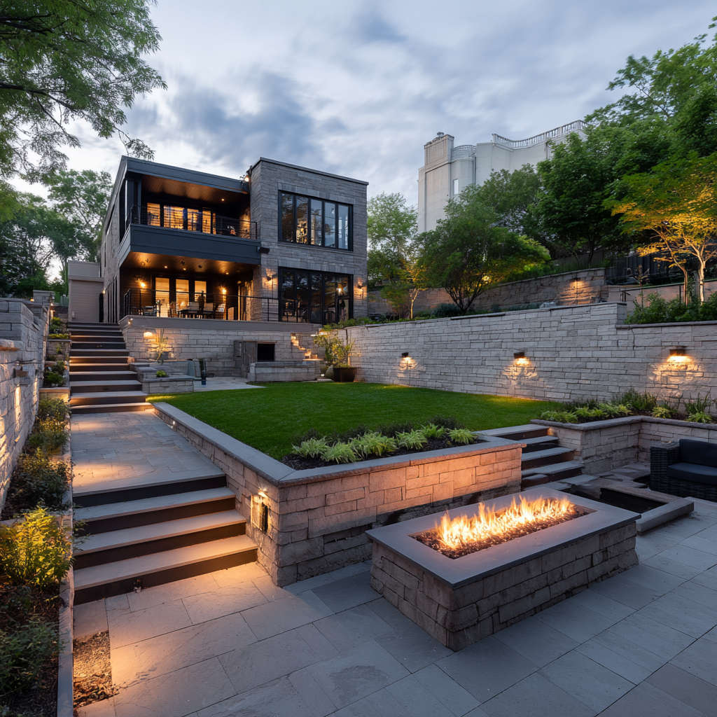 Modern multi-level home exterior with lit pathways, fire pit, and terraced landscaping at dusk.