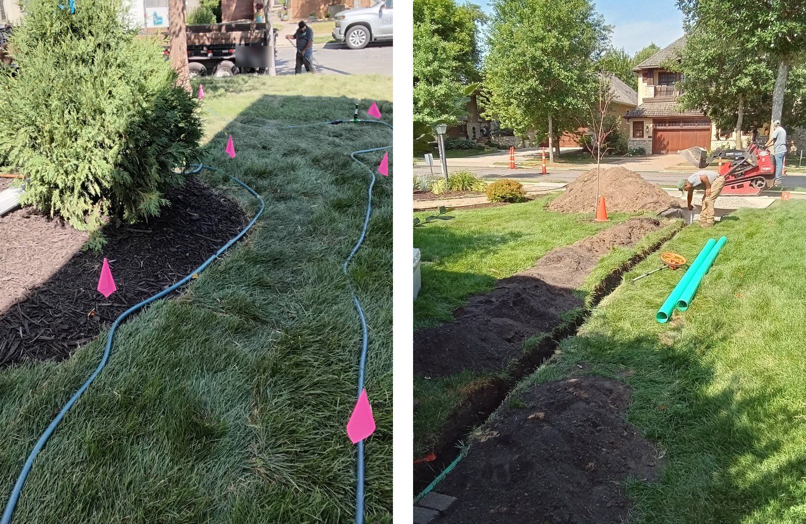 New sod with watering lines laid out in a Minneapolis yard, and a KG Landscape crew trenching drain pipe to a dry well