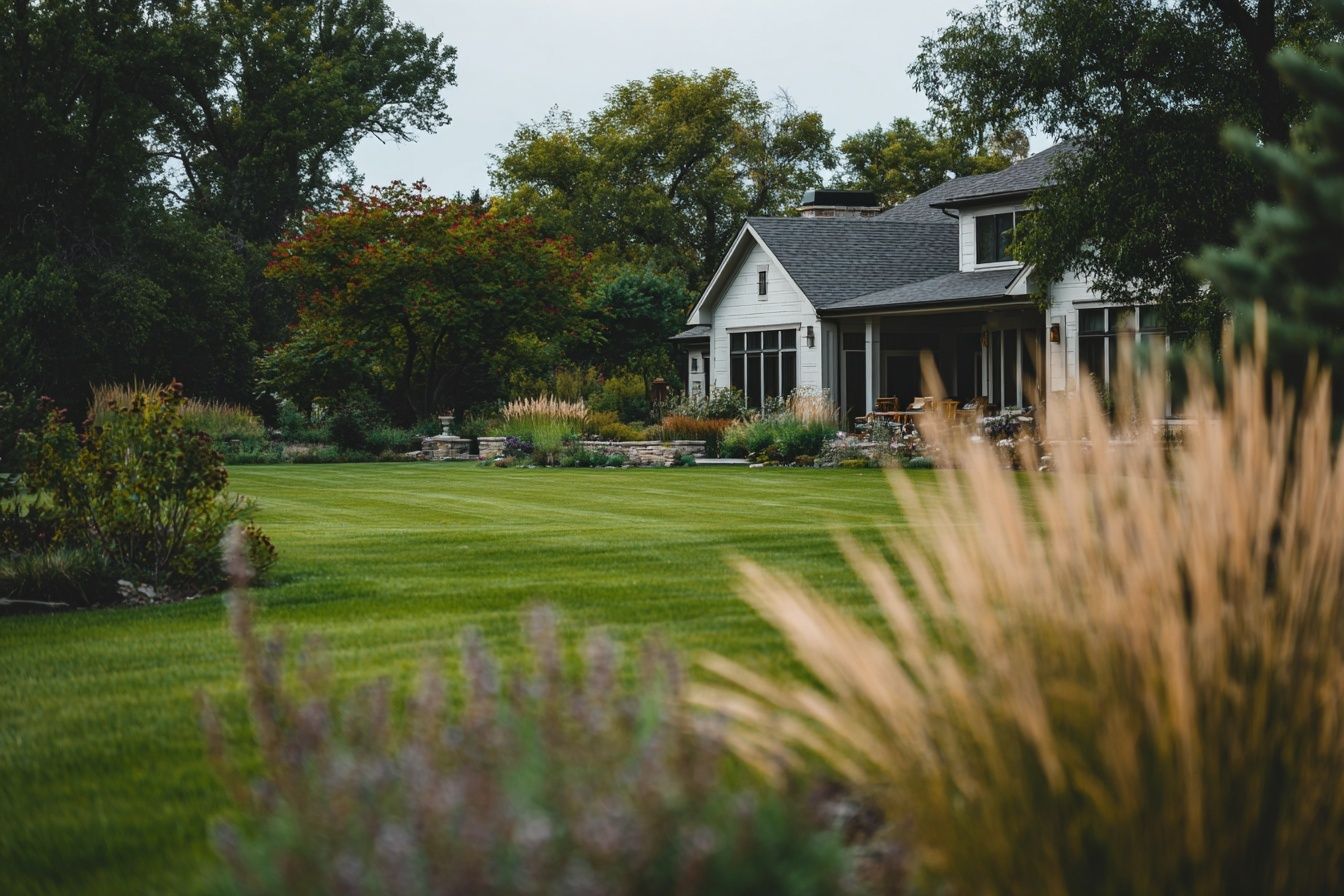 White house with gray roof, large green lawn, and ornamental grasses. Trees and shrubs in background.