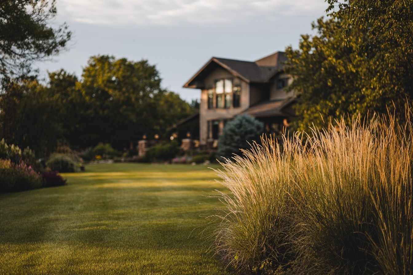 Lush green lawn with ornamental grass in the foreground; a two-story house with trees in the background.