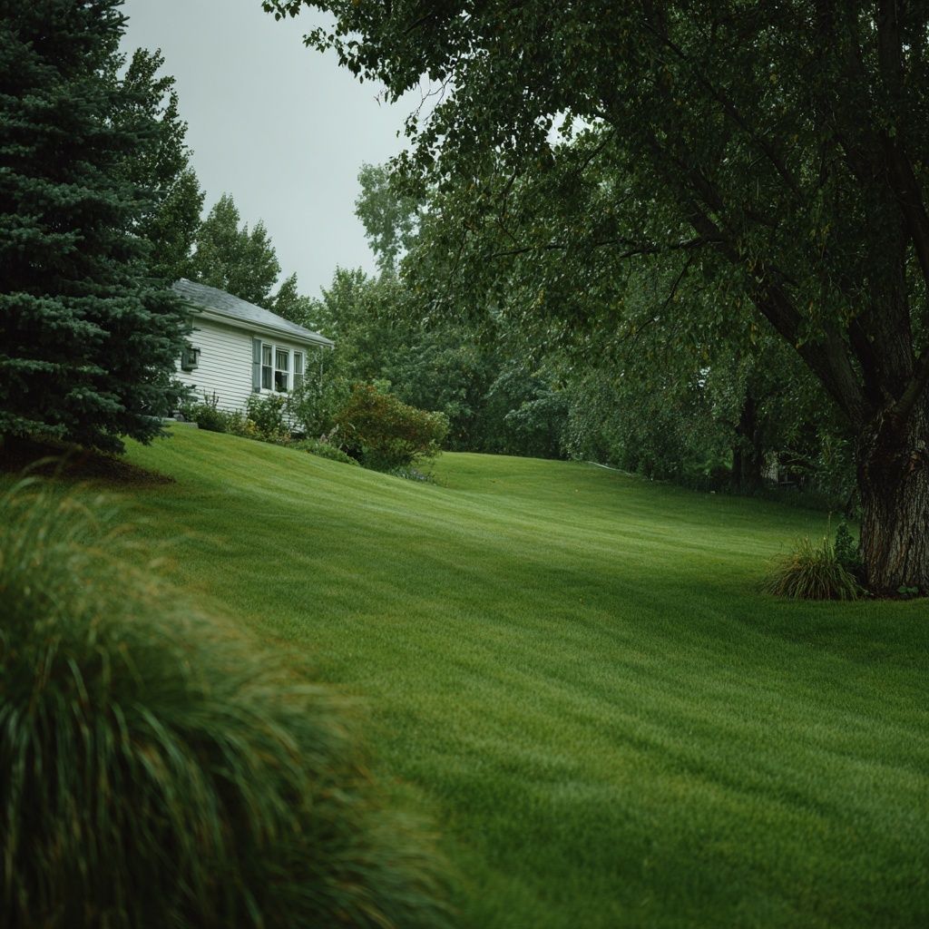 Lush green lawn slopes up to a white house surrounded by trees under a cloudy sky.