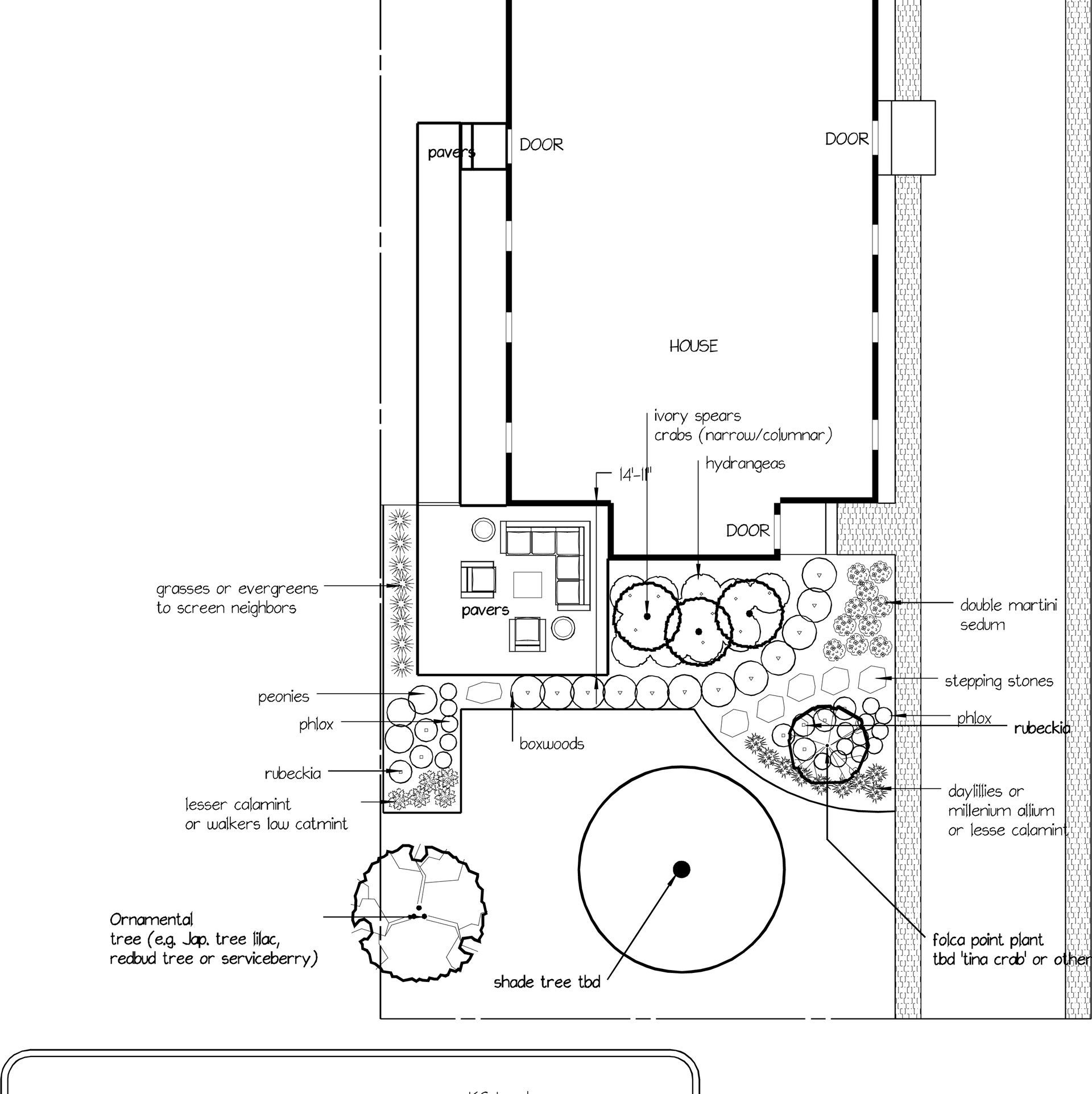 Architectural landscape design plan showing a house patio, garden beds, trees, and stone pathways.