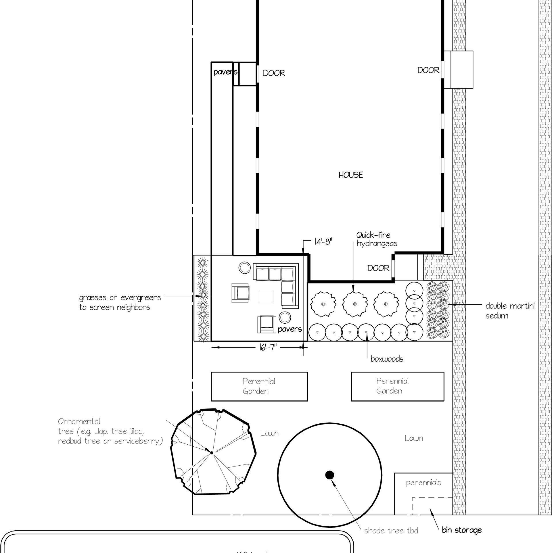 Landscape architectural plan view of a home backyard, including a patio, garden beds, lawn, and circular tree placement.
