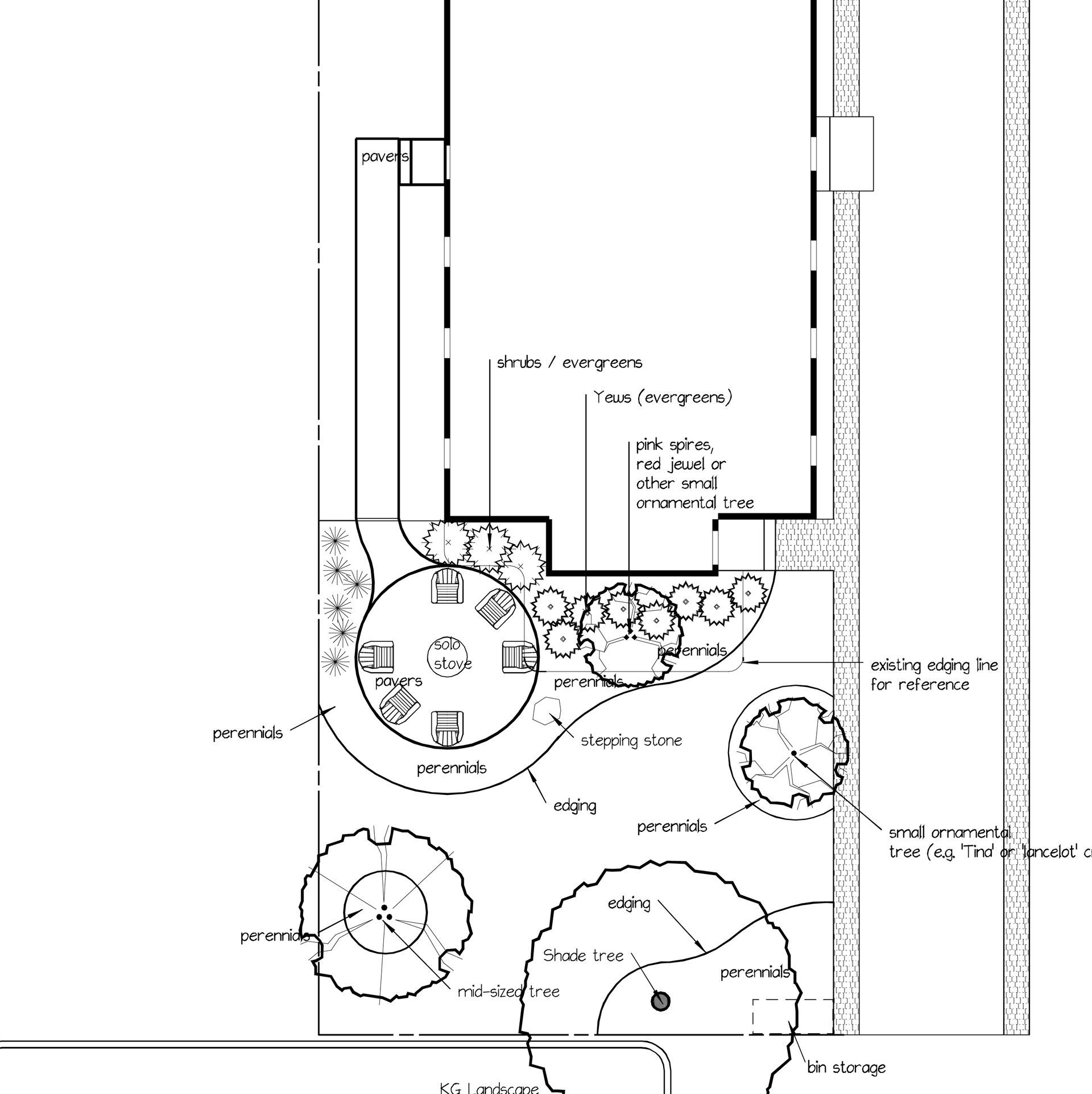 Architectural site plan for a backyard landscape featuring a patio, circular seating area, and proposed garden plantings.