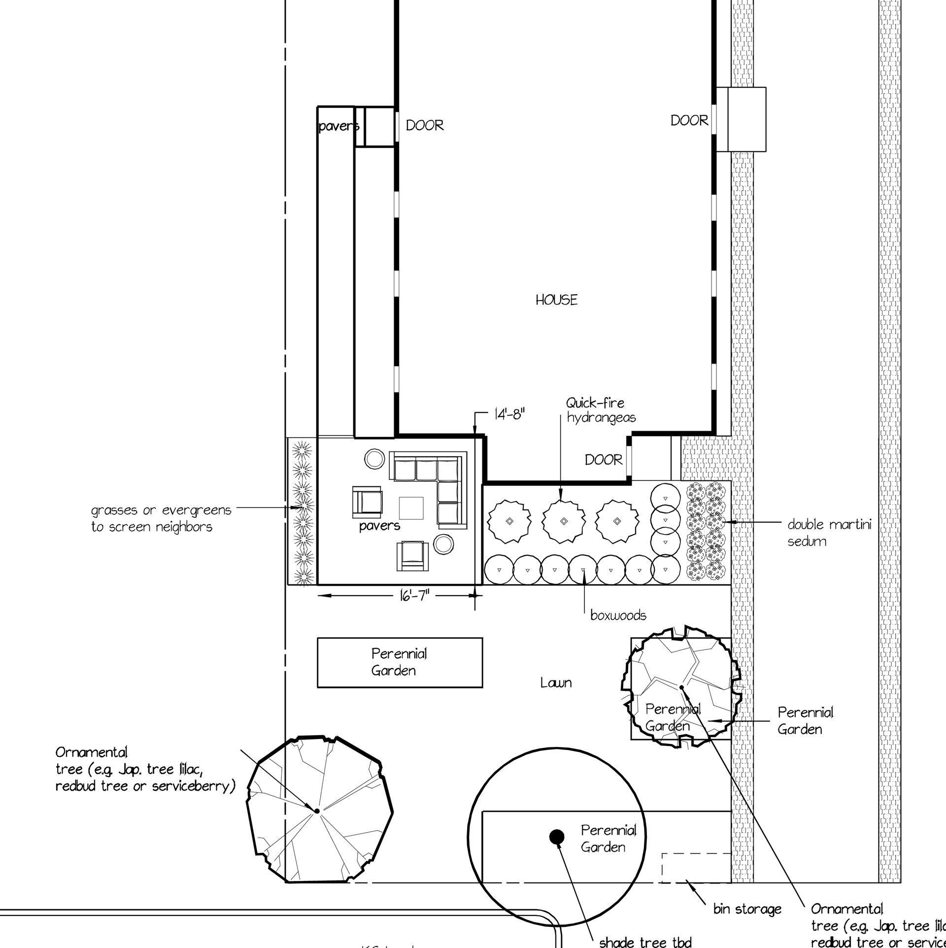 Landscape plan showing a house, patio, seating area, garden beds, and trees in a residential backyard.