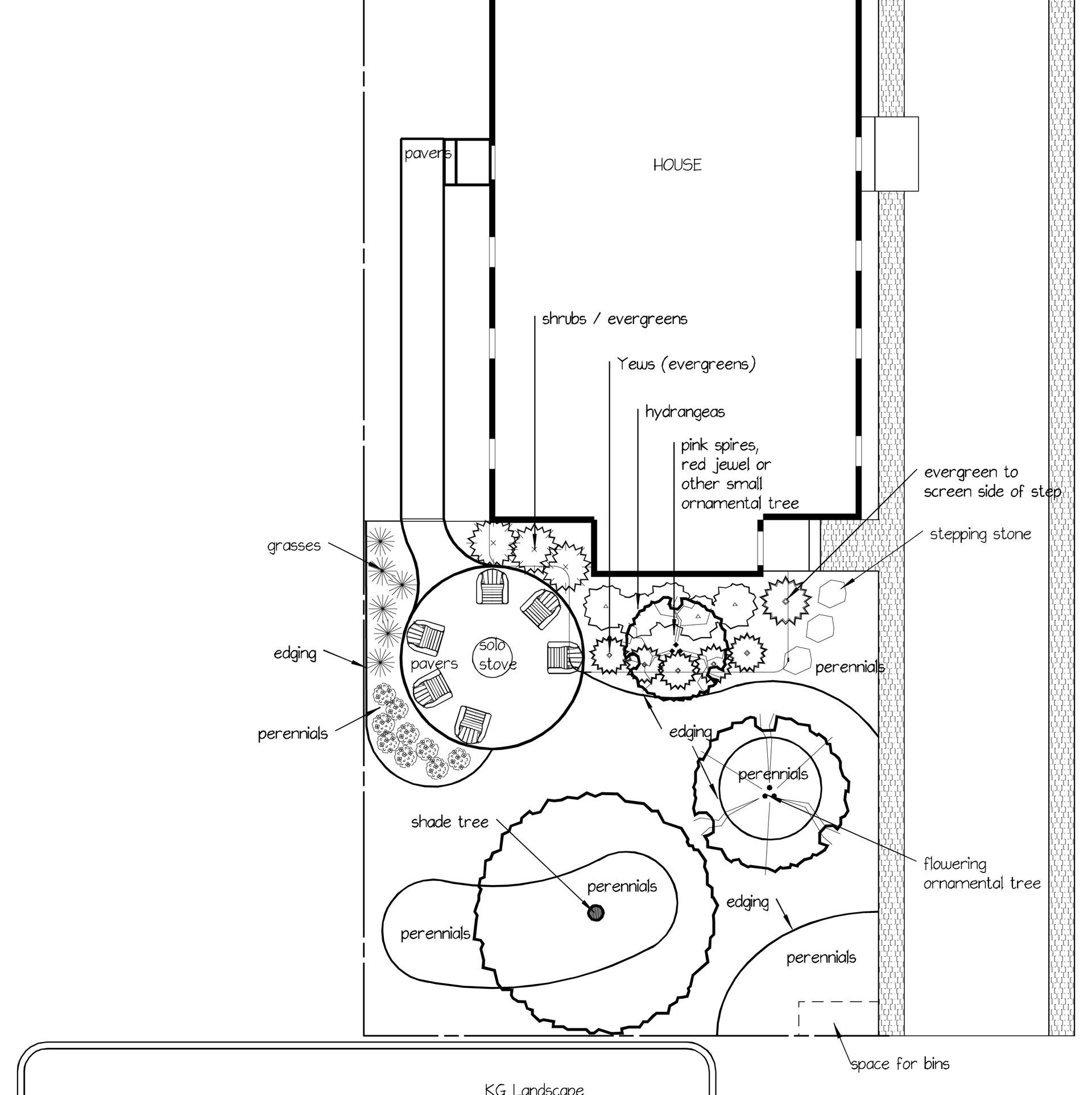 Landscape architectural site plan featuring a house, circular patio, trees, and garden paths.