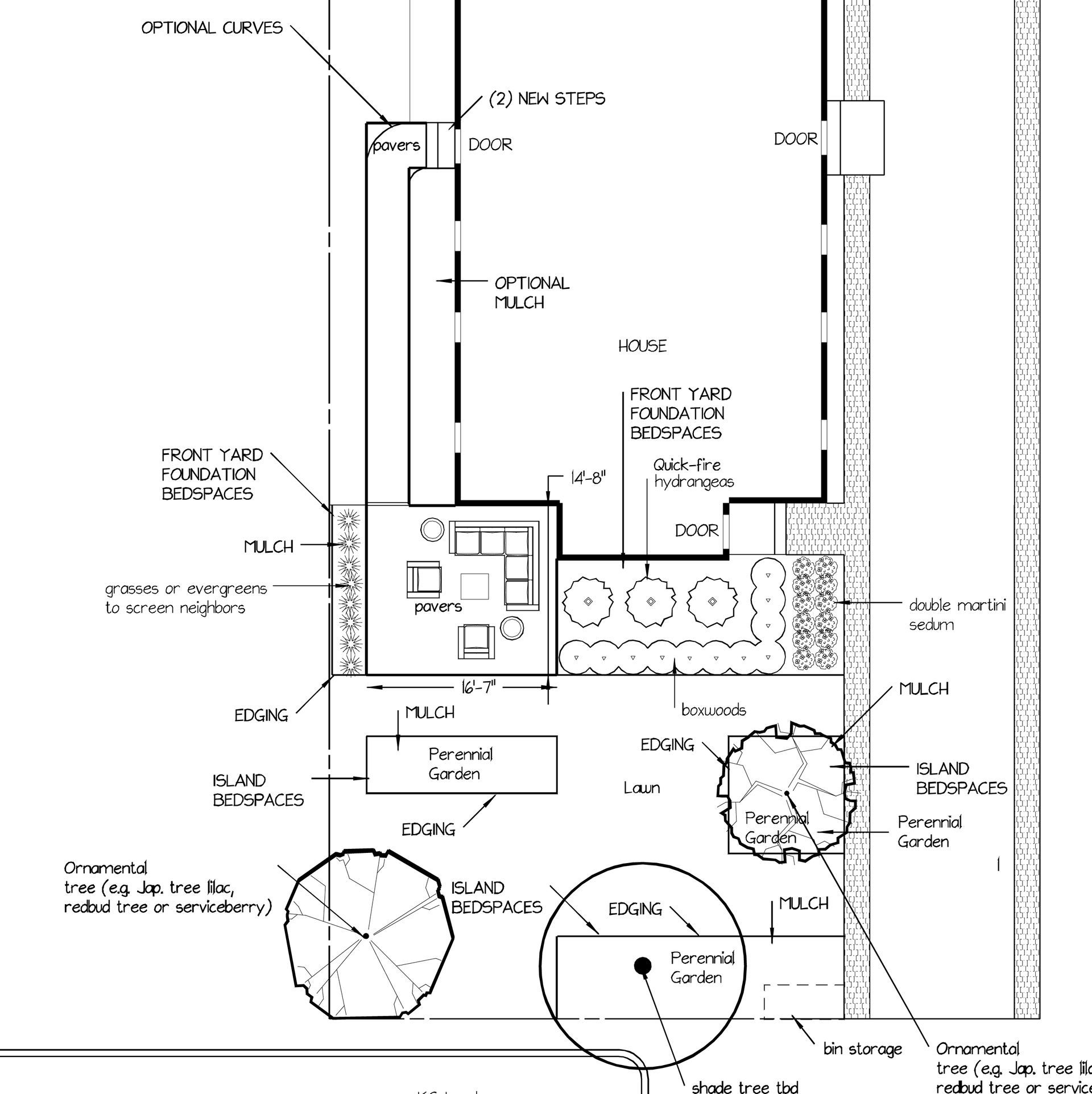 Architectural site plan showing a house, patio, front yard garden beds, walkway, lawn, and designated planting areas.
