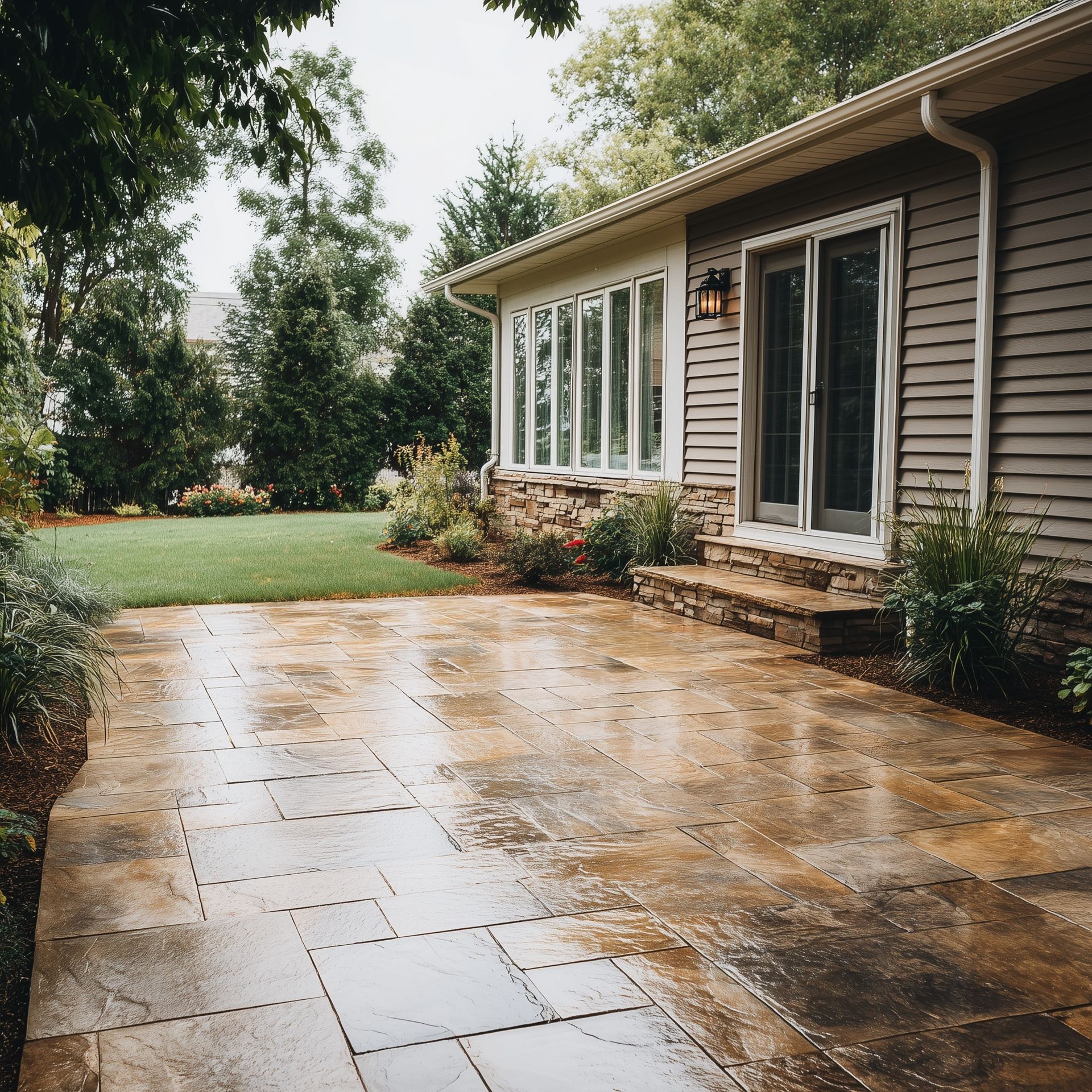 Patio with wet stone pavers, adjacent to a house with sliding glass door and windows, surrounded by green grass and trees.
