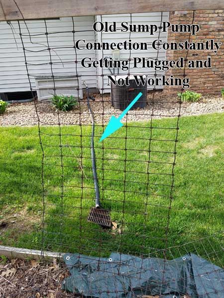 Black sump pump drain pipe in grassy yard, labeled as constantly plugging.