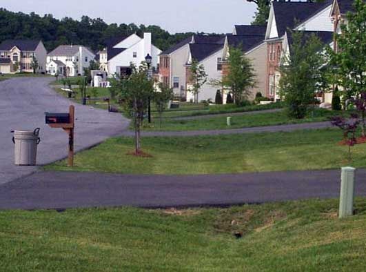 A mailbox on the side of a road in a residential neighborhood