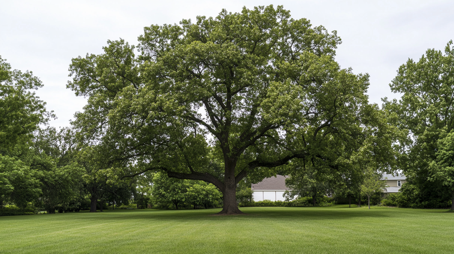 A large, leafy oak tree stands centered in a wide, mowed green lawn under an overcast sky.