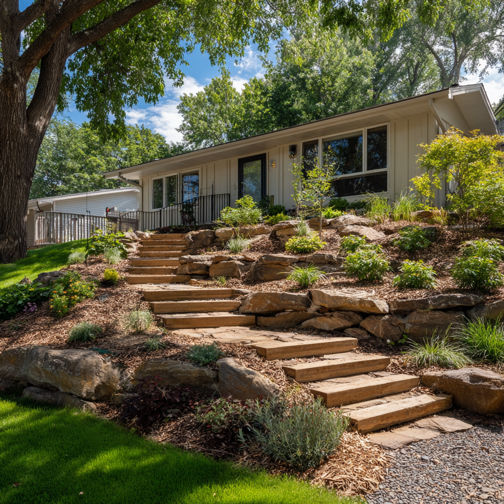 Stone steps wind through a landscaped front yard leading to a beige single-story house surrounded by lush trees.