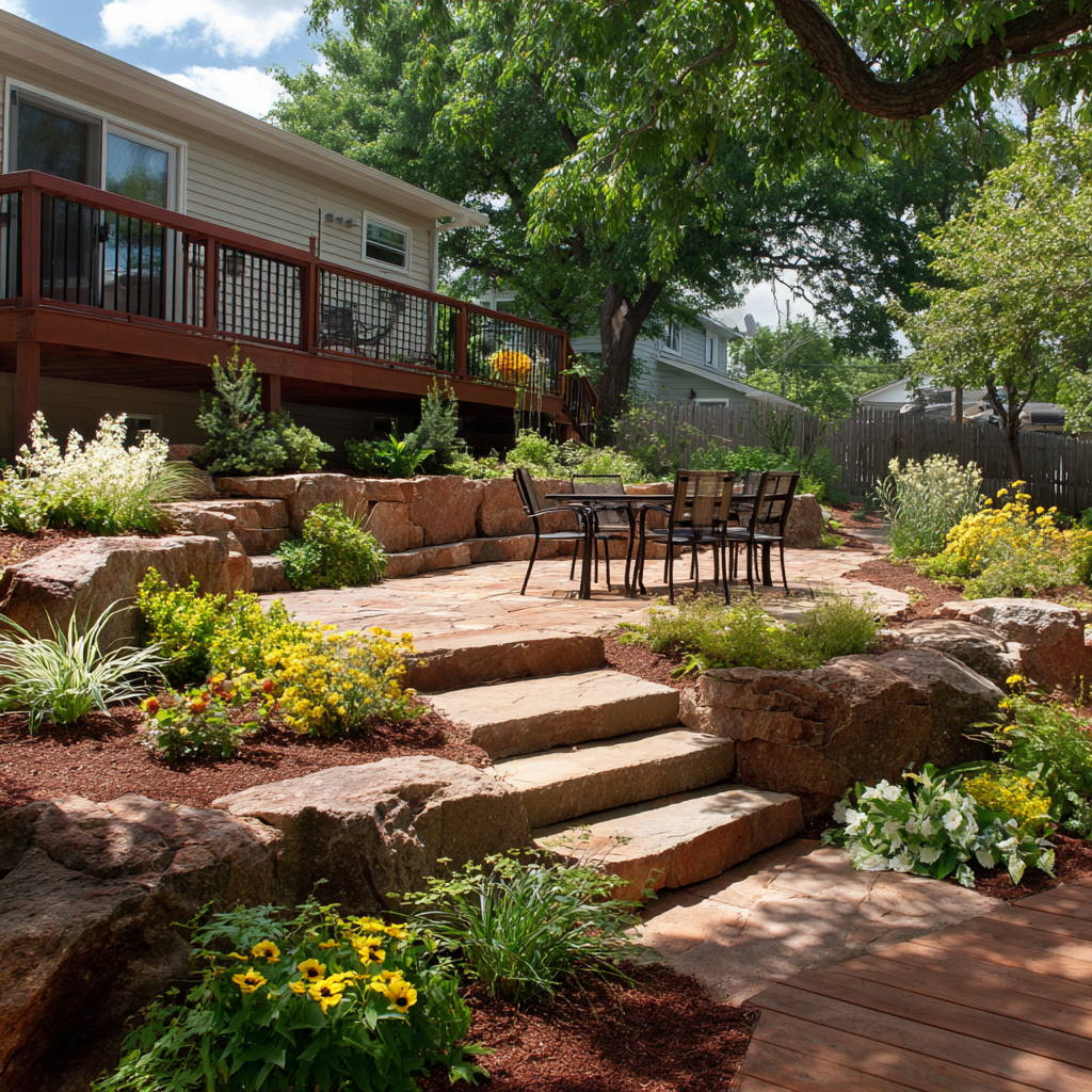 A tiered backyard patio with stone retaining walls, stairs, and a dining set under a deck, surrounded by garden beds.