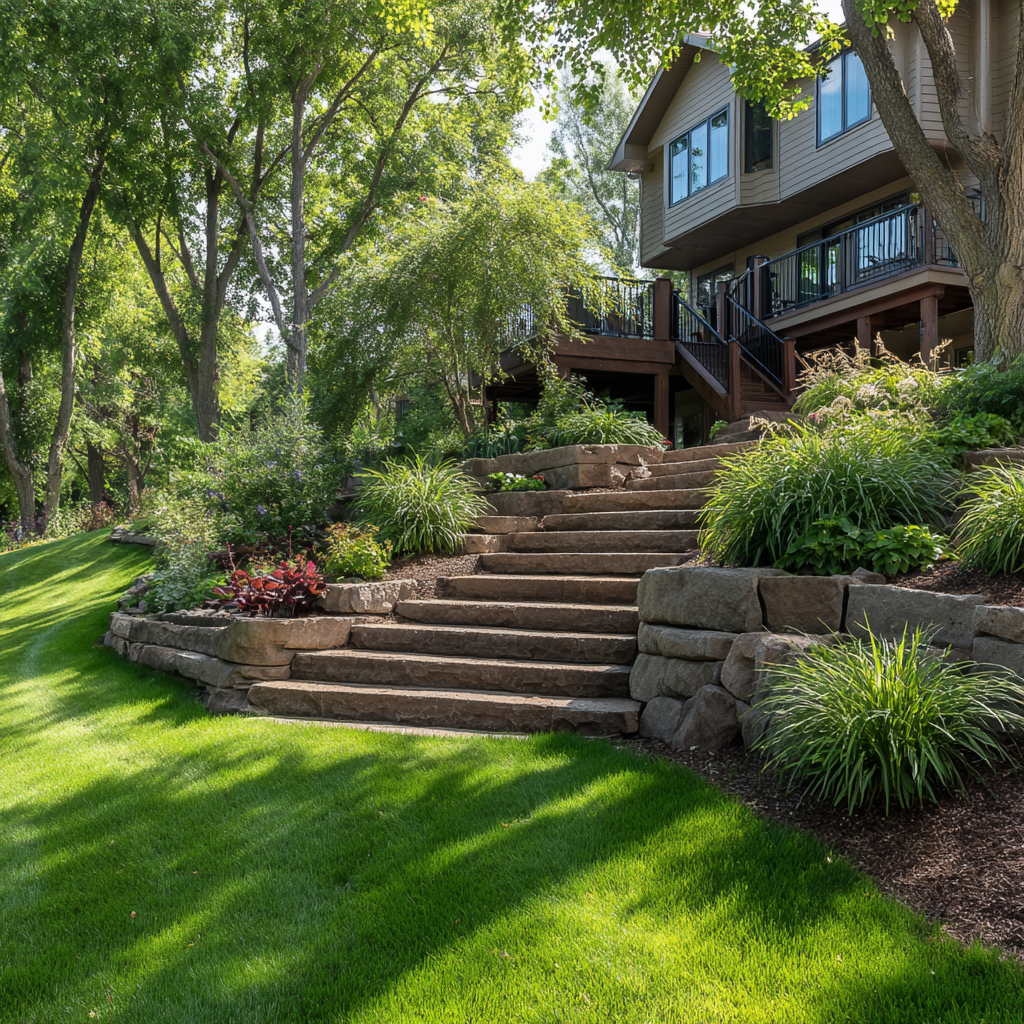 Stone steps lead up a lush, green lawn toward a multi-story house with a wooden deck, surrounded by mature trees.