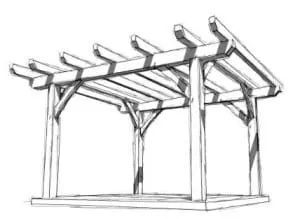 Sketch of a wooden pergola with a slatted roof and support beams.