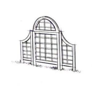 Sketch of a white wooden trellis with arched top and grid design, set in grass.