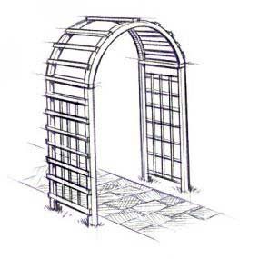 Garden archway with latticework sides and arched top, over a brick path.