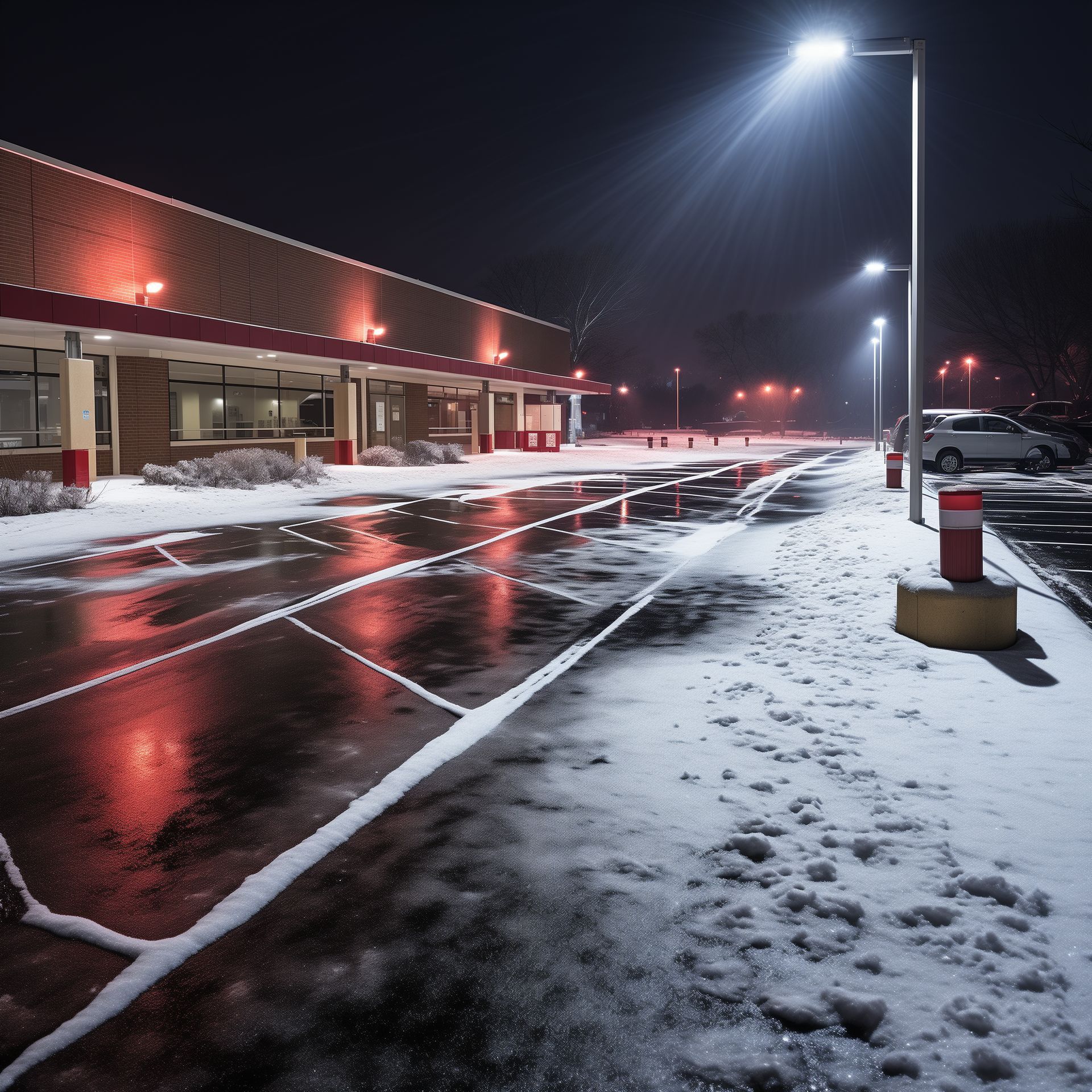 Snowy parking lot at night, reflecting building lights. Streetlamps illuminate.