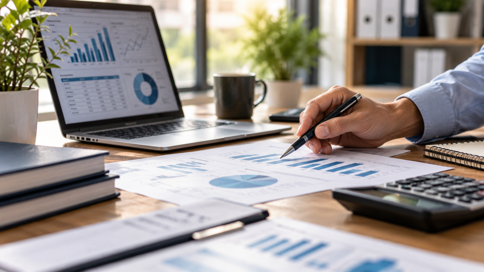 Mani che esaminano grafici finanziari su una scrivania con computer portatile, calcolatrice, tazza di caffè e fogli di carta.