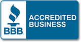 BBB Accredited Business logo: blue flame over BBB letters, on a blue rectangle with white
