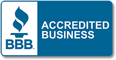 BBB Accredited Business logo: blue flame over BBB letters, on a blue rectangle with white