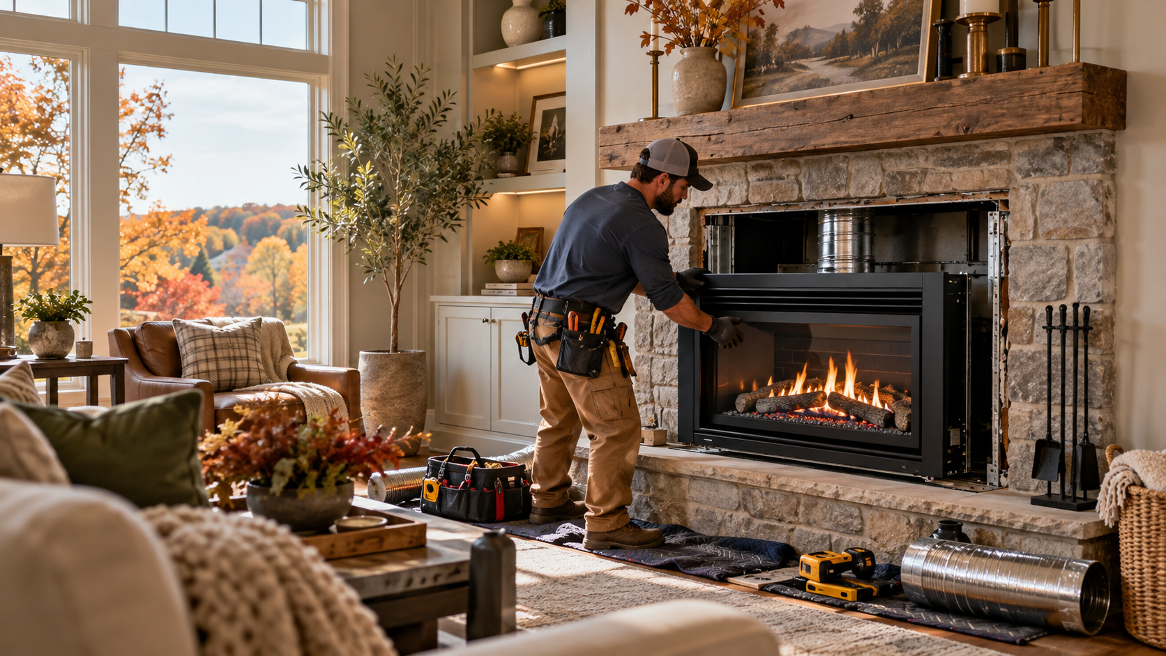 Person tending a lit fireplace in a cozy living room with autumn decor and a scenic window view