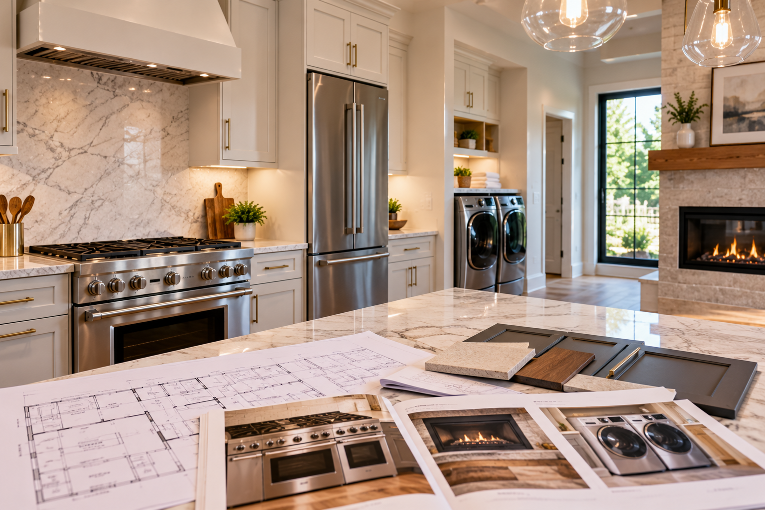 Modern kitchen with stainless steel gas appliances, marble island, open house brochures, and fireplace in the background
