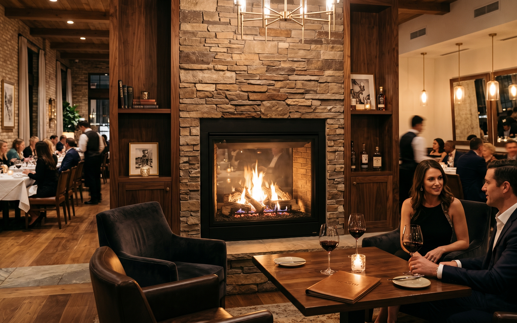 Cozy lounge with a gas fireplace, armchairs, and people chatting at candlelit tables.