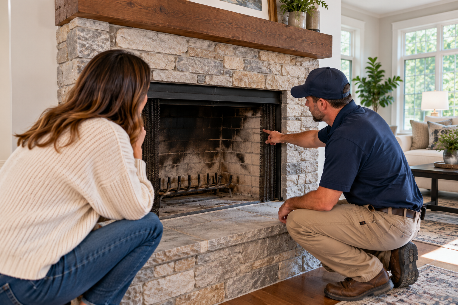 Two people crouch by a stone fireplace, inspecting the firebox in a bright living room.