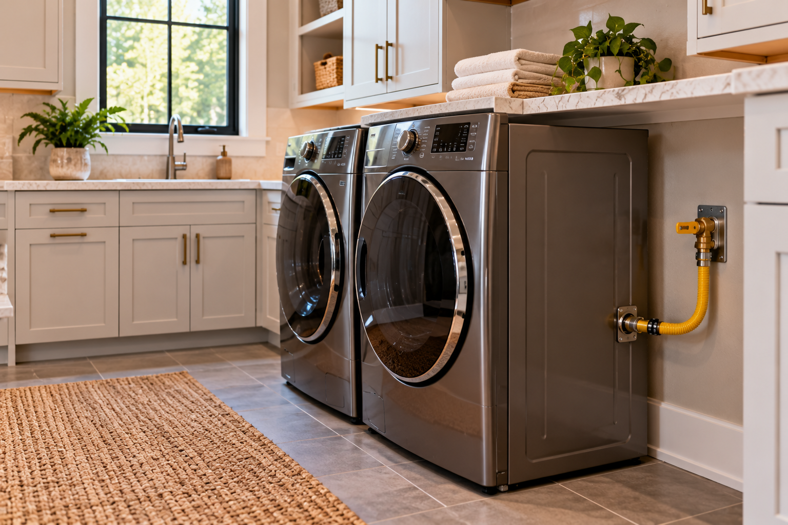 Modern laundry room with front-load washer and gas dryer beside a sink and cabinets