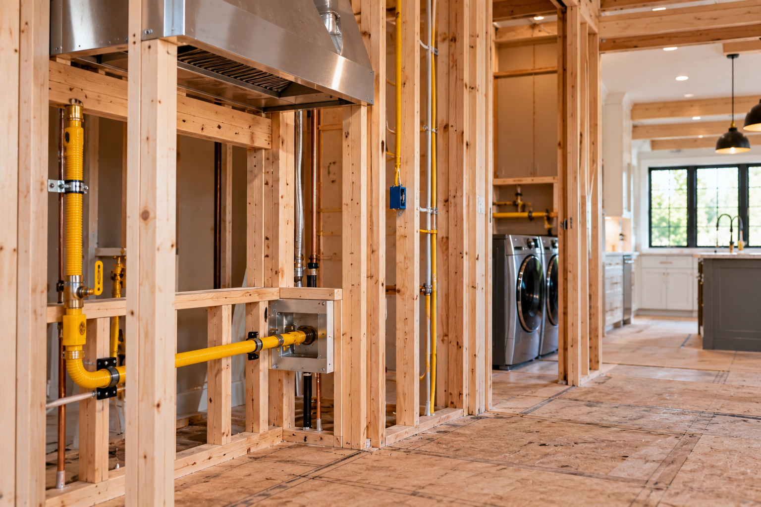 Interior of a house under construction with exposed wooden framing and a kitchen area in the background
